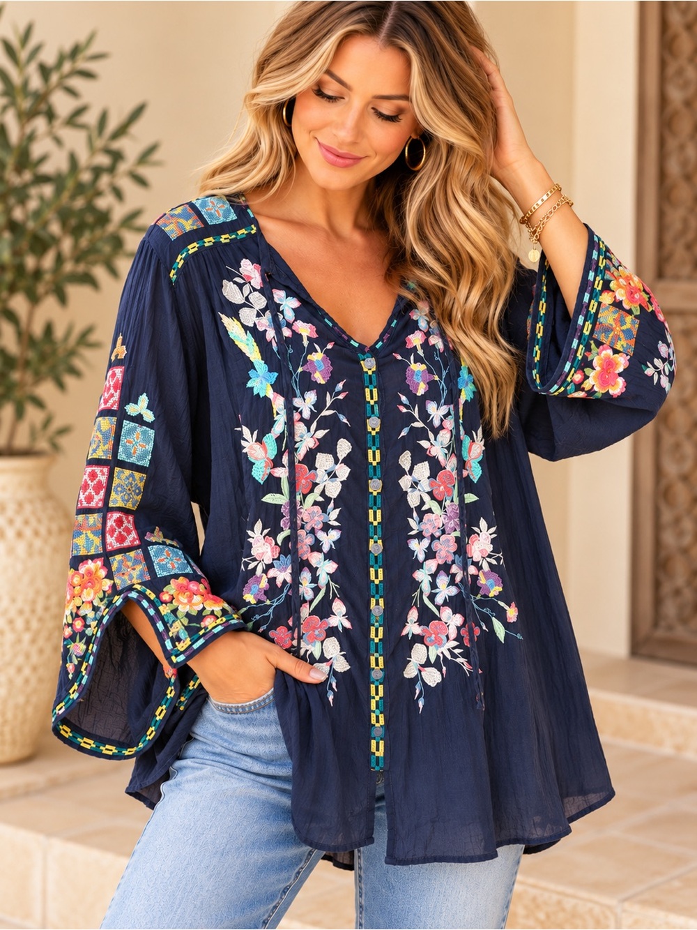 Johnny Was 2X Embroidered Floral Tunic Blouse Black Boho Plus Size #748